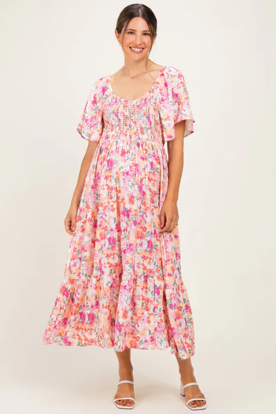 PinkBlush Coral Sweetheart Flutter Sleeve Floral Maternity Maxi Dress