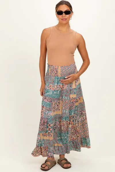 PinkBlush Teal Patchwork Print Smocked Waistband Maternity Maxi Skirt
