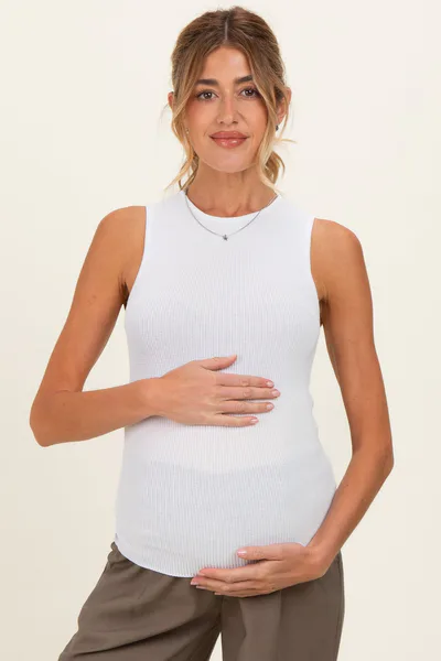 PinkBlush White Ribbed Knit Maternity Tank Top