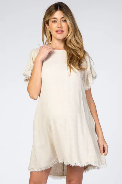 PinkBlush Cream Frayed Trim Back Keyhole Linen Maternity Dress
