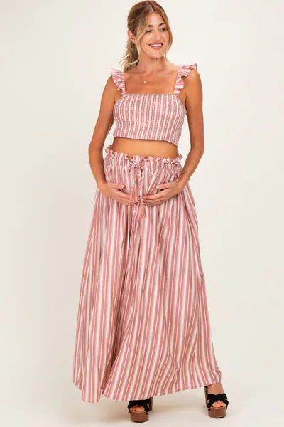 PinkBlush Rose Pink Striped Smocked Crop Top Maxi Skirt Maternity Set