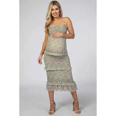Target PinkBlush Light Olive Floral Chiffon Smocked Fitted Maternity Midi Dress Light Olive Large