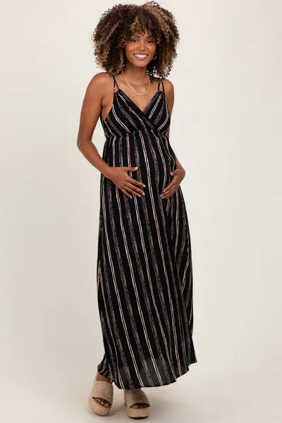 PinkBlush Black Striped Double Strap V-Neck Maternity Maxi Dress