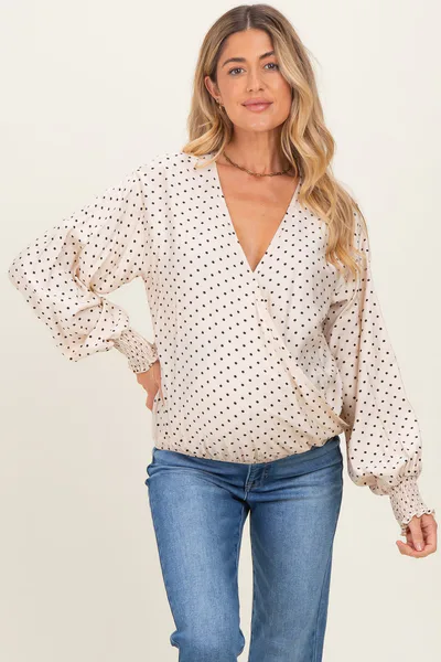 PinkBlush Ivory Polka Dot Long Sleeve Smocked Maternity Top