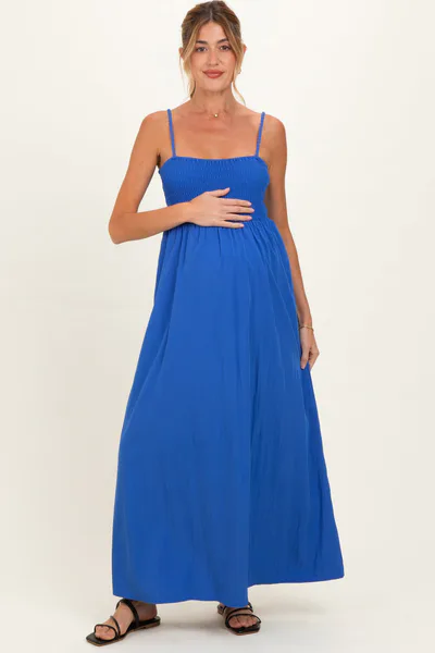 PinkBlush Capri Blue Pom Pom Strap Smocked Maternity Maxi Dress