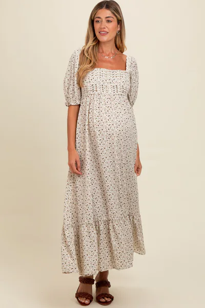 PinkBlush Ivory Floral Pleated Bodice Maternity Maxi Dress