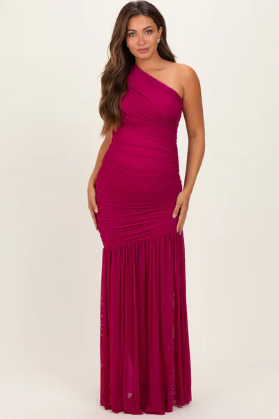 PinkBlush Deep Magenta Ruched Mesh One Shoulder Maternity Maxi Dress