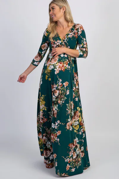 PinkBlush PinkBlush Green Rose Print Sash Tie Maternity Maxi Dress