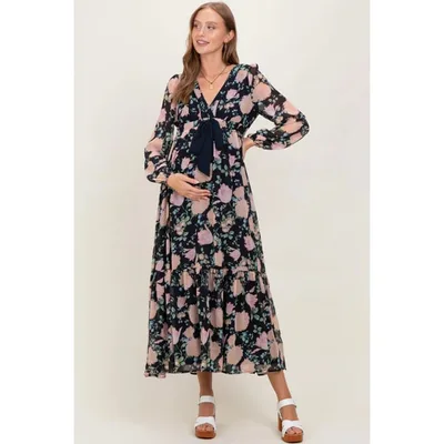 Target Pinkblush Navy Floral Chiffon Bow Tie Front Maternity Maxi Dress Small