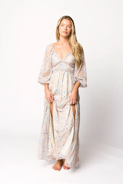 Worth Collective Daphne Long Sleeve Maxi Dress in Beige/Blue Floral - Bump Friendly & Inclusive Sizing (XS-3XL)