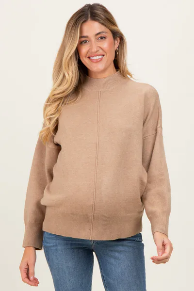 PinkBlush Camel Front Seam Mock Neck Maternity Sweater