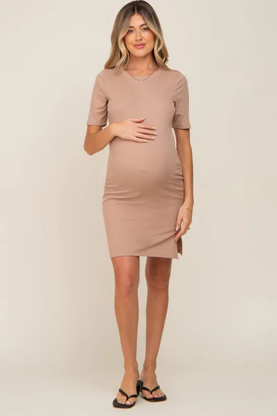 PinkBlush Taupe Ribbed Basic Short Sleeve Maternity Dress