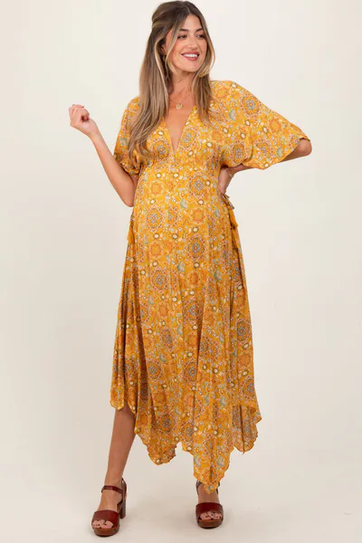 PinkBlush Yellow Printed Deep V-Neck Handkerchief Hem Maternity Maxi Dress