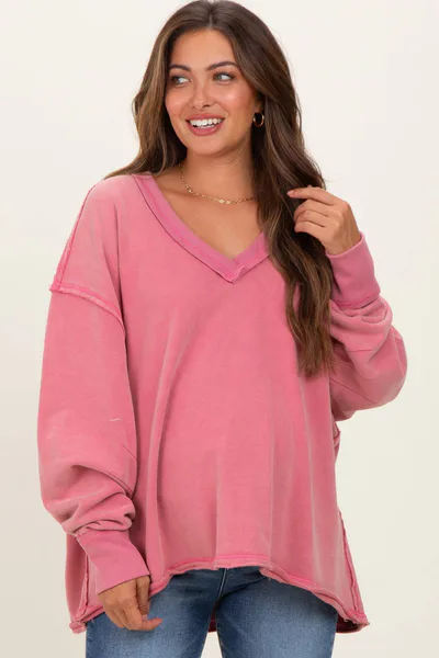 PinkBlush Rose Mineral Washed French Terry Oversized Maternity Sweatshirt