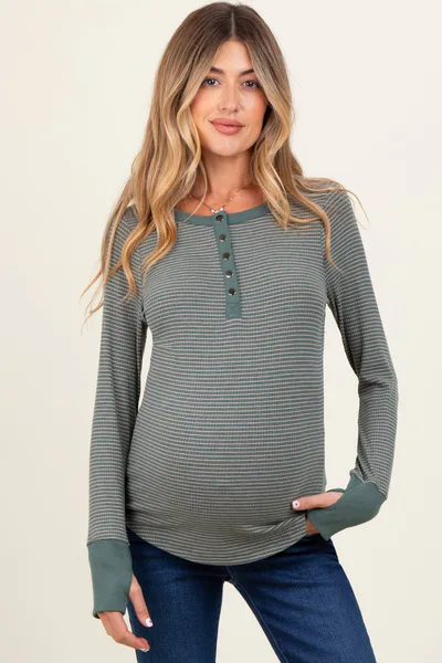 PinkBlush Forest Green Striped Snap Button Henley Maternity Top