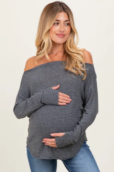 PinkBlush Black Striped Boat Neck Long Sleeve Maternity Top