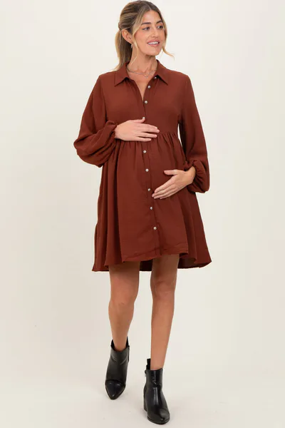 PinkBlush Brown Tiered Back Detail Button Down Maternity Dress