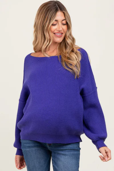 PinkBlush Royal Blue Balloon Sleeve Boat Neck Knit Maternity Sweater