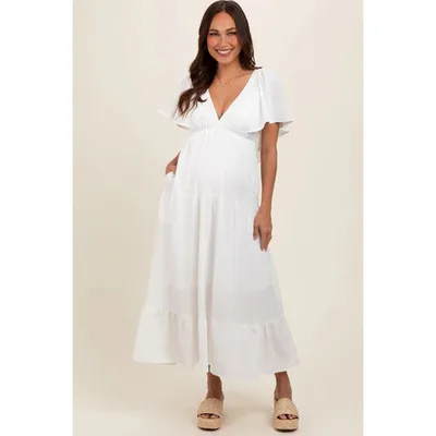 Target Pinkblush Ivory Deep V-Neck Flutter Sleeve Tiered Maternity Midi Dress Large