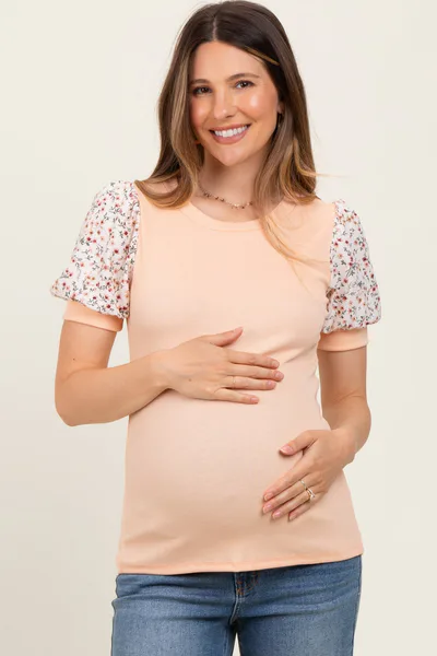 PinkBlush Peach Contrast Floral Puff Sleeve Maternity Top