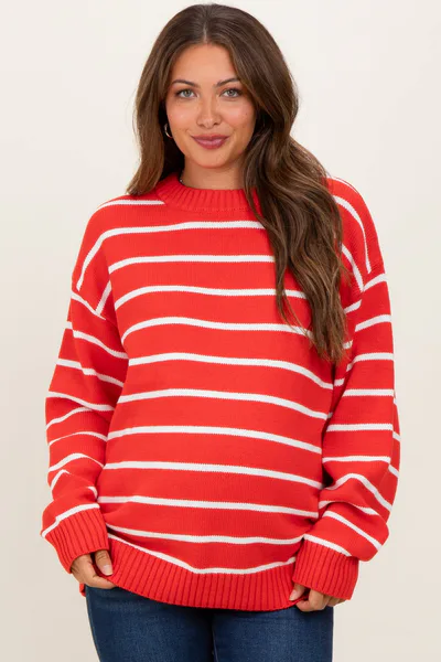 PinkBlush Red Striped Oversized Maternity Sweater