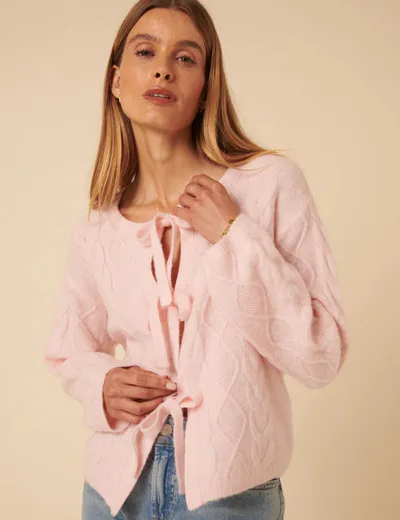 For The Creators Pink Tie Front Cable Knitted Cardigan
