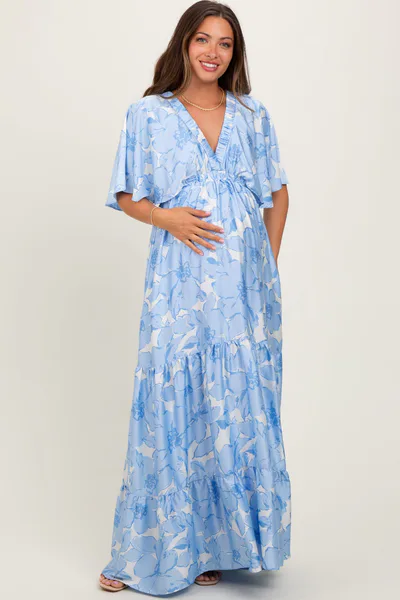 PinkBlush Light Blue Floral Short Sleeve Deep V-Neck Tiered Maternity Maxi Dress