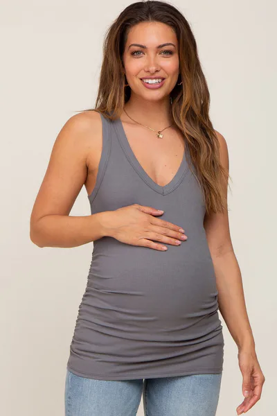 PinkBlush Charcoal Ribbed Sleeveless Ruched Maternity Tank Top