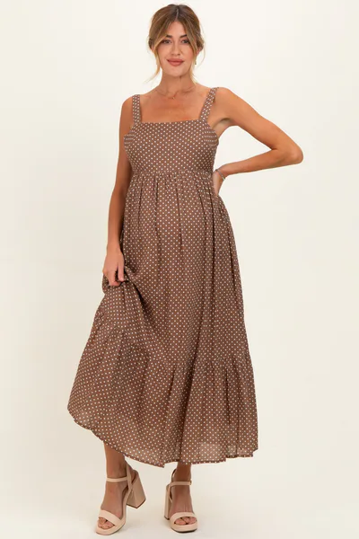 PinkBlush Latte Polka Dot Back Bow Maternity Maxi Dress
