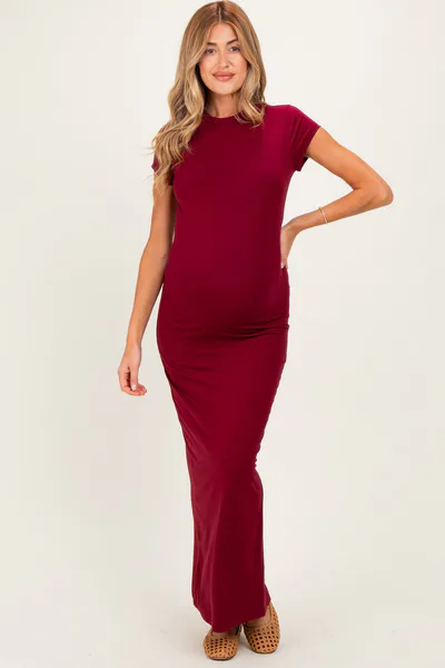 PinkBlush Burgundy Fitted Short Sleeve Maternity Maxi Dress