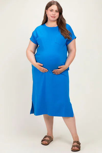 PinkBlush Royal Blue Plus Round Neck Short Sleeve Maternity Midi Dress