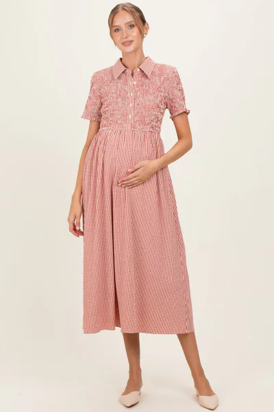 PinkBlush Red Smocked Gingham Collared Maternity Midi Dress