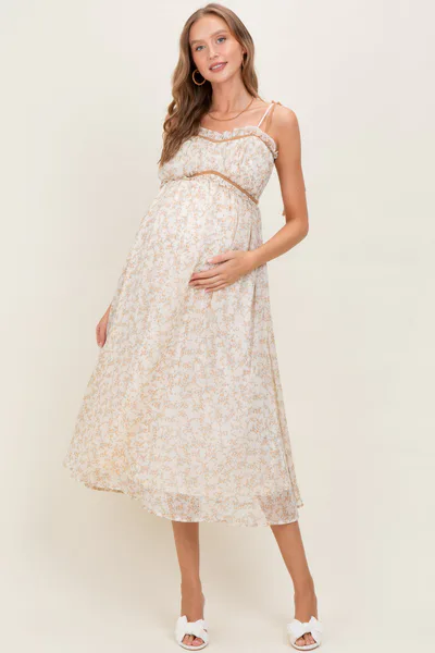 PinkBlush Yellow Garden Floral Printed Smocking Maternity Maxi Dress