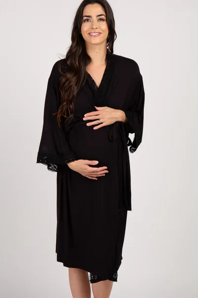 PinkBlush PinkBlush Black Crochet Trim Delivery/Nursing Maternity Robe