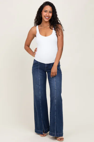 PinkBlush Navy Blue Front Seam Slit Wide Leg Maternity Jeans