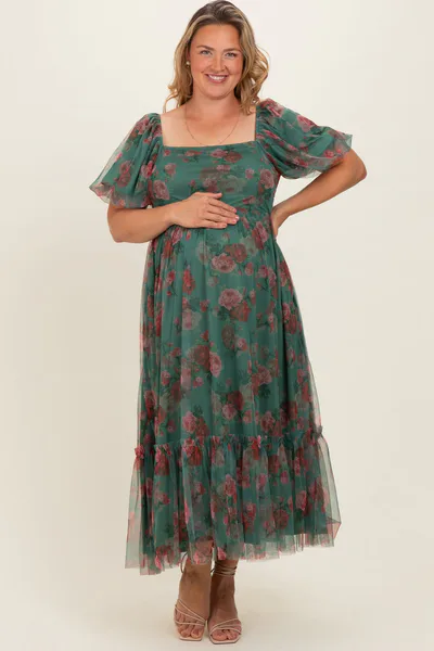 PinkBlush Forest Green Rose Print Tulle Overlay Maternity Plus Midi Dress