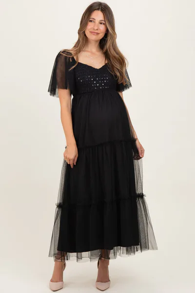PinkBlush Black Sequin Bodice Tulle Tiered Maternity Midi Dress