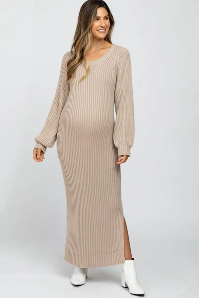 PinkBlush Beige Side Slit Maternity Maxi Sweater Dress