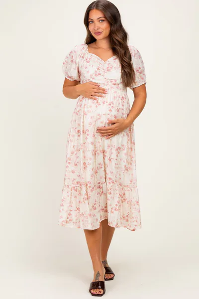 PinkBlush Ivory Floral Sweetheart Neckline Maternity Midi Dress
