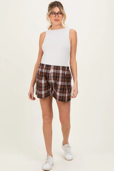 PinkBlush Brown Button-Front Plaid Maternity Boxer Shorts