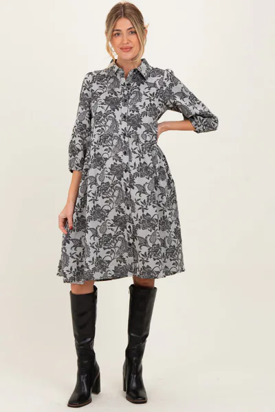 PinkBlush Black Floral Button Down 3/4 Sleeve Maternity Midi Dress