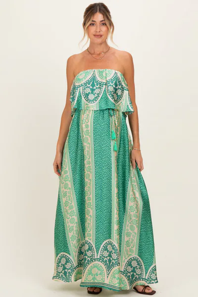 PinkBlush Green Printed Satin Flounce Strapless Maternity Maxi Dress