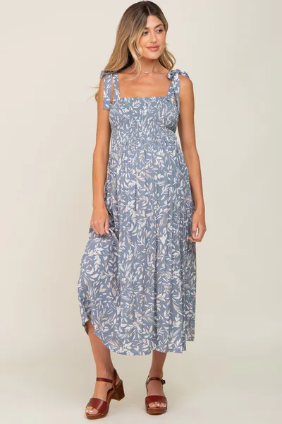 PinkBlush Light Blue Floral Smocked Shoulder Tie Maternity Midi Dress