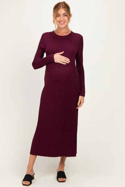 PinkBlush Burgundy Ribbed Long Sleeve Maternity Sweater Midi Dress