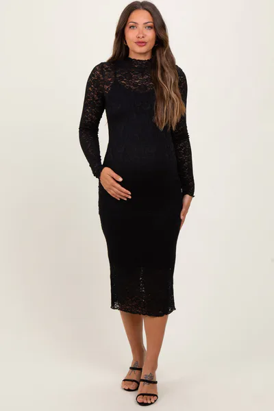 PinkBlush Black Lace Overlay Long Sleeve Fitted Maternity Midi Dress