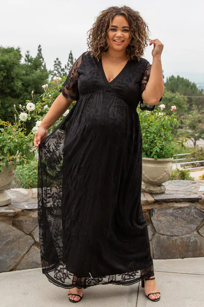 PinkBlush PinkBlush Black Lace Mesh Overlay Maternity Plus Maxi Dress