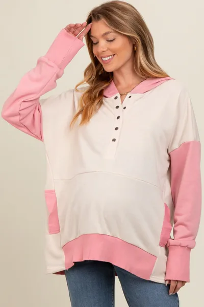 PinkBlush Beige Colorblock Relaxed Fit Maternity Hoodie