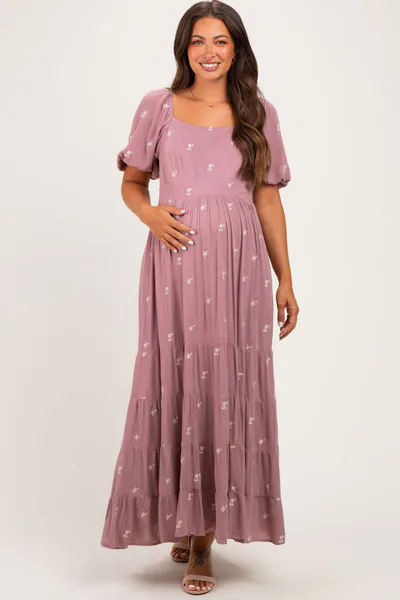 PinkBlush Mauve Embroidered Tiered Maternity Maxi Dress