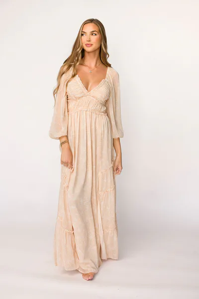 Worth Collective Daphne Long Sleeve Maxi Dress in Light Beige/White Floral - Bump Friendly