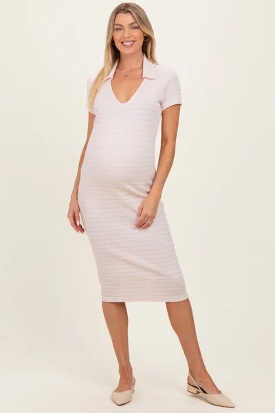 PinkBlush Ivory/ Light Pink Striped Short Sleeve Collared V-Neck Fitted Maternity Midi Dress